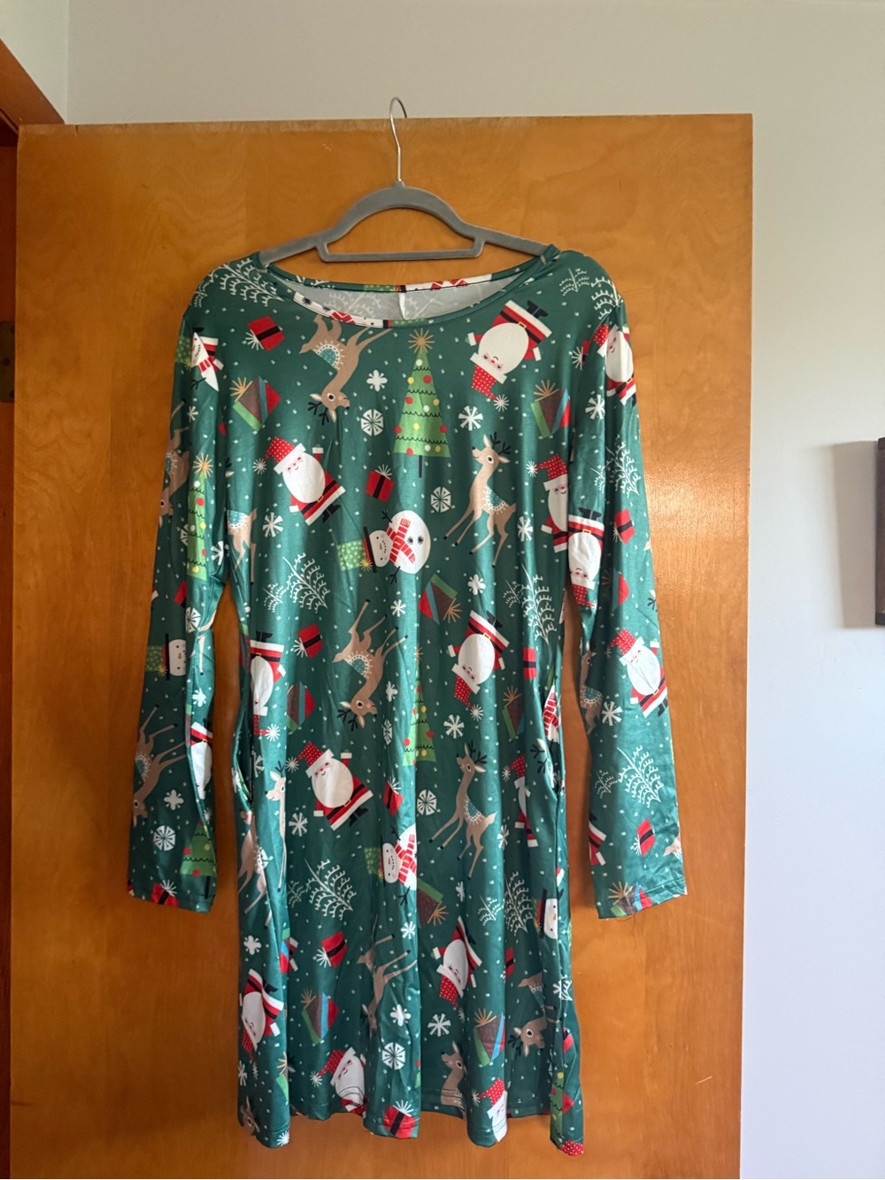Green Holiday Santa & Reindeer Dress w/ Pockets - Size Medium